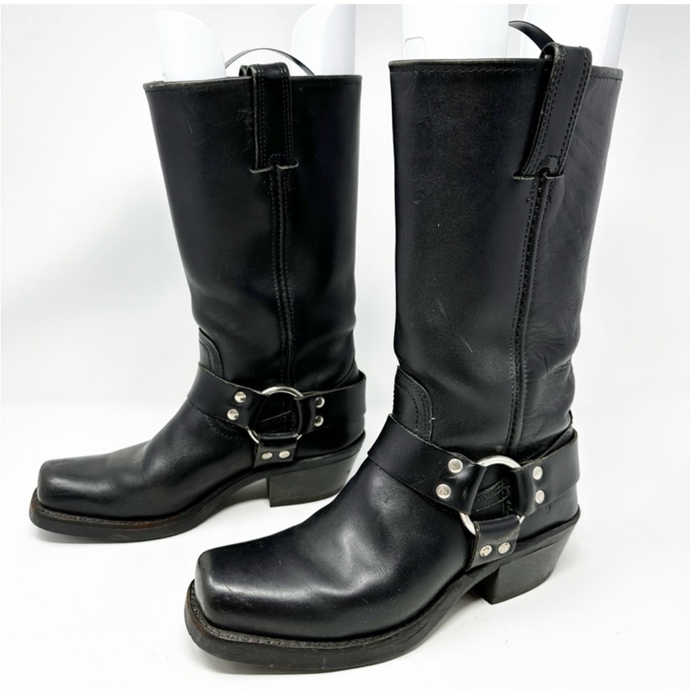 Frye Black Leather Harness 12R Square Toe Biker Boots